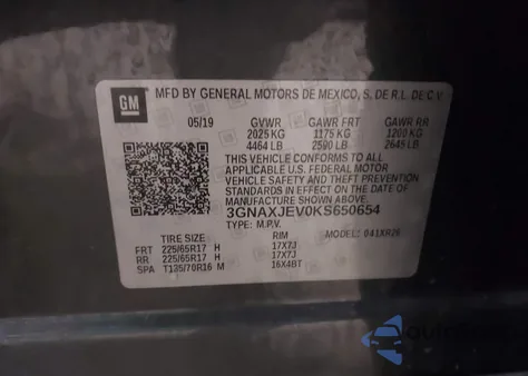 2019 Chevrolet Equinox Lt z USA, uszkodzony, nr VIN 3GNAXJEV0KS650654